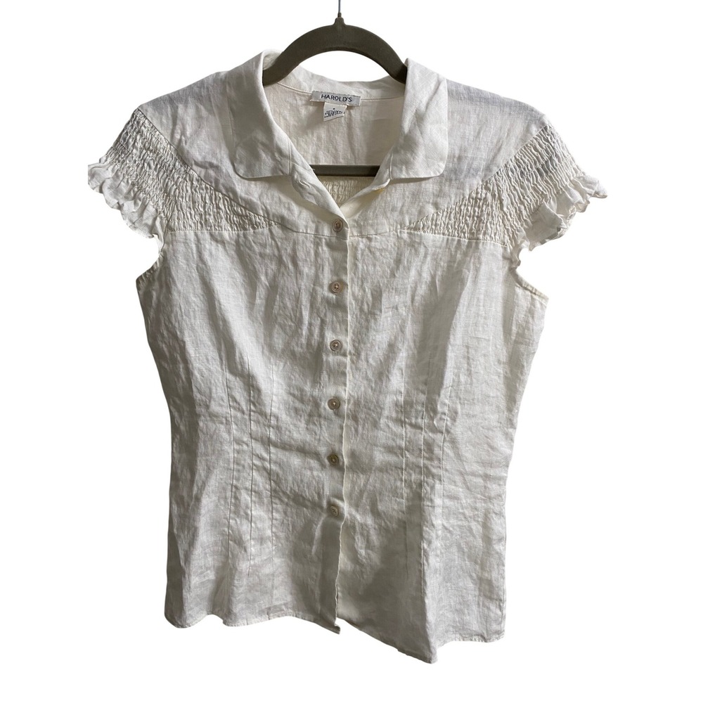 VTG Harold's White 100% Linen Smocked Button Down Ruffle Cap Sleeve Blouse Y2K S